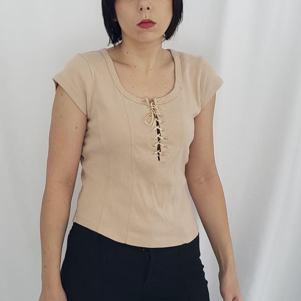 Y2K Pink Lace Up Top